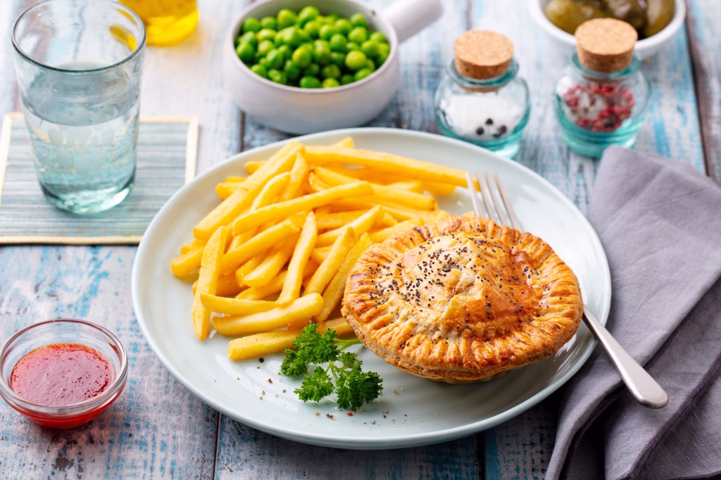 Meat pie with french fries on a white plate. Wooden background. Close up.