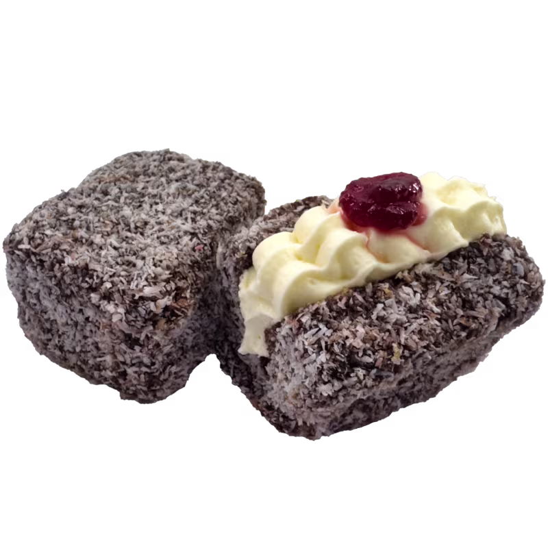 Lamingtons – soft sponge cake coated in chocolate and rolled in coconut, baked fresh by VG Bakery in Australia